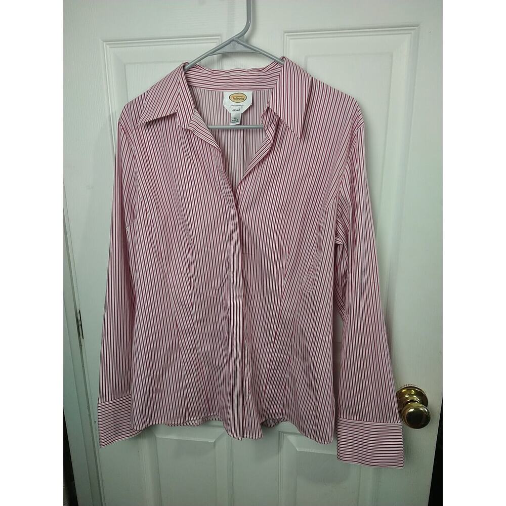 Talbots Woman 16 Shirt V Neck Button Pink White Striped Long Sleeve Business...